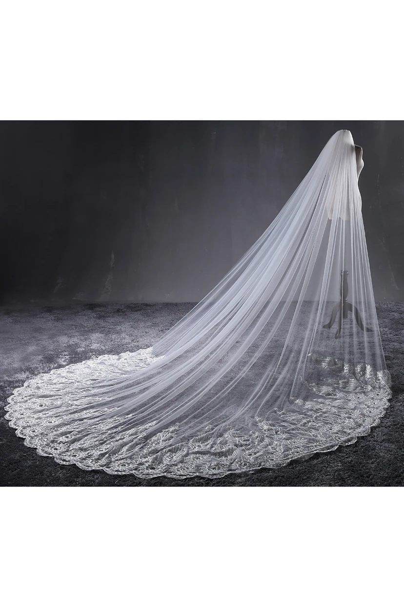 Romantic Lace Applique Long Trailing Rhinestone Tulle Veil