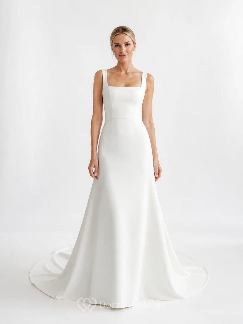 Square Neck Straps Crepe A Line Sweep Train Wedding Dress