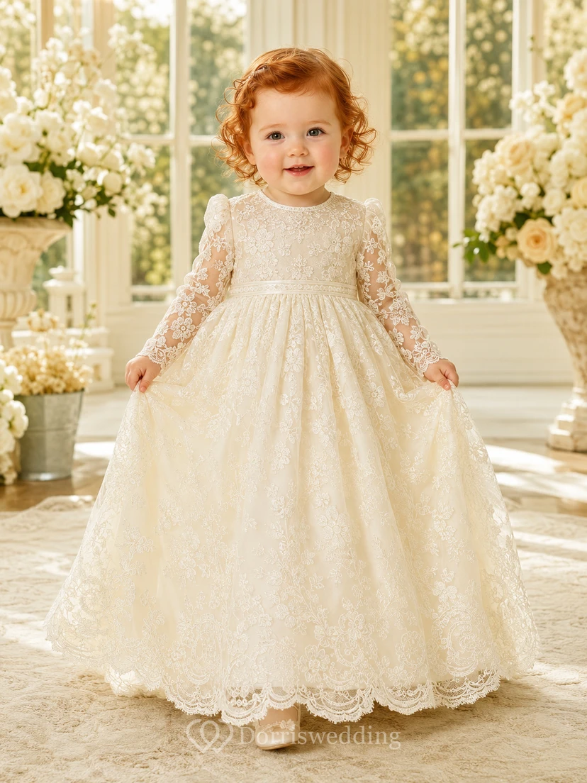 Baptism Dress A-Line Lace Tulle Jewel Neck Long Sleeve Modest Skirt view 2