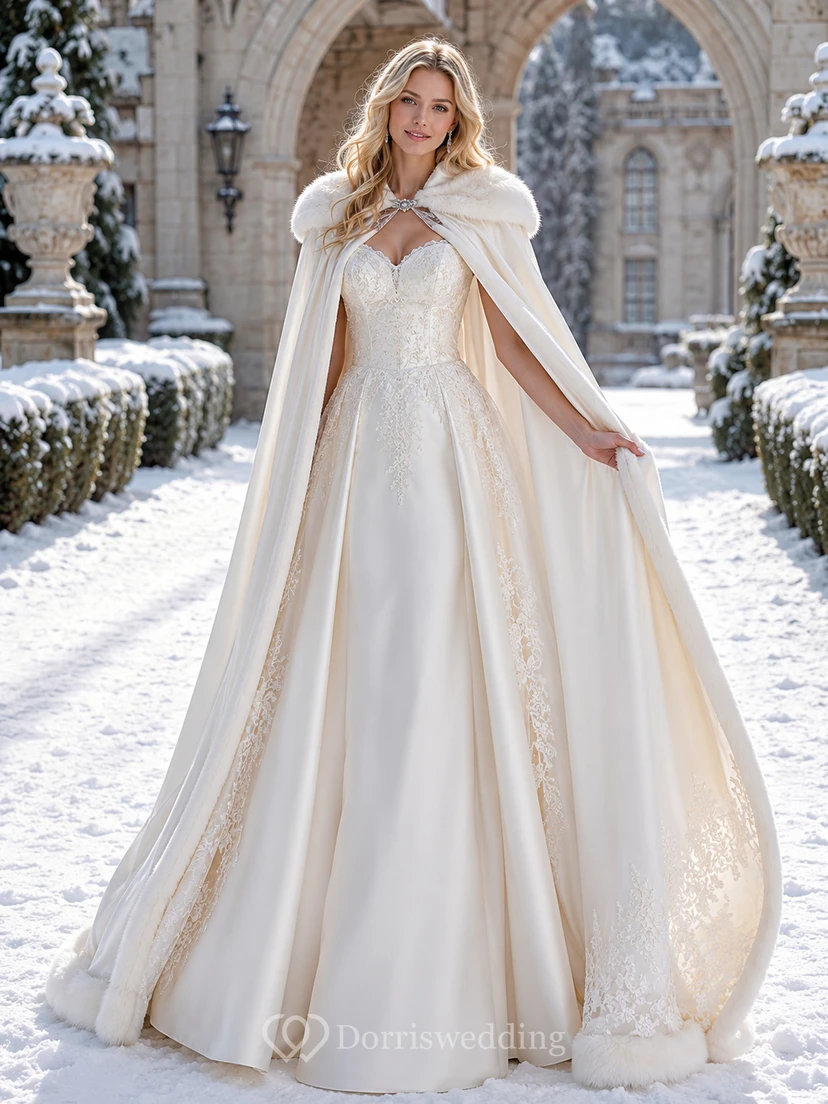 Winterliches Cape-Brautkleid mit Pelzbesatz, A-Linie und Schleppe
