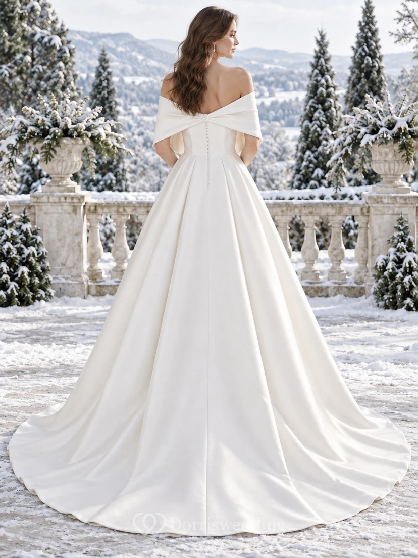 Simple Off Shoulder Satin A-line Short Wedding Cape Dress view 2