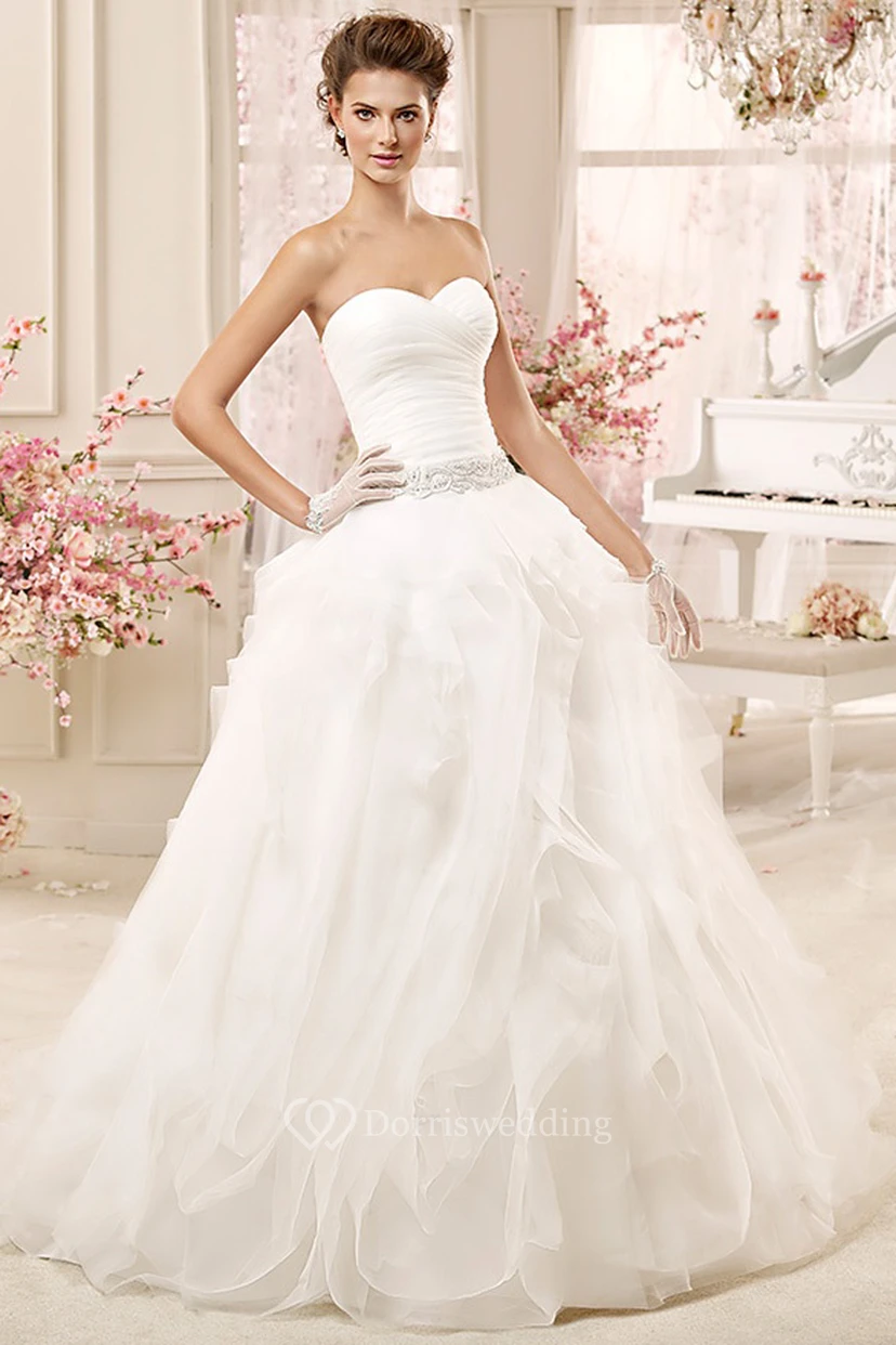 Sweetheart Ruching Wedding Gown with Beaded Belt and Pleated Bodice