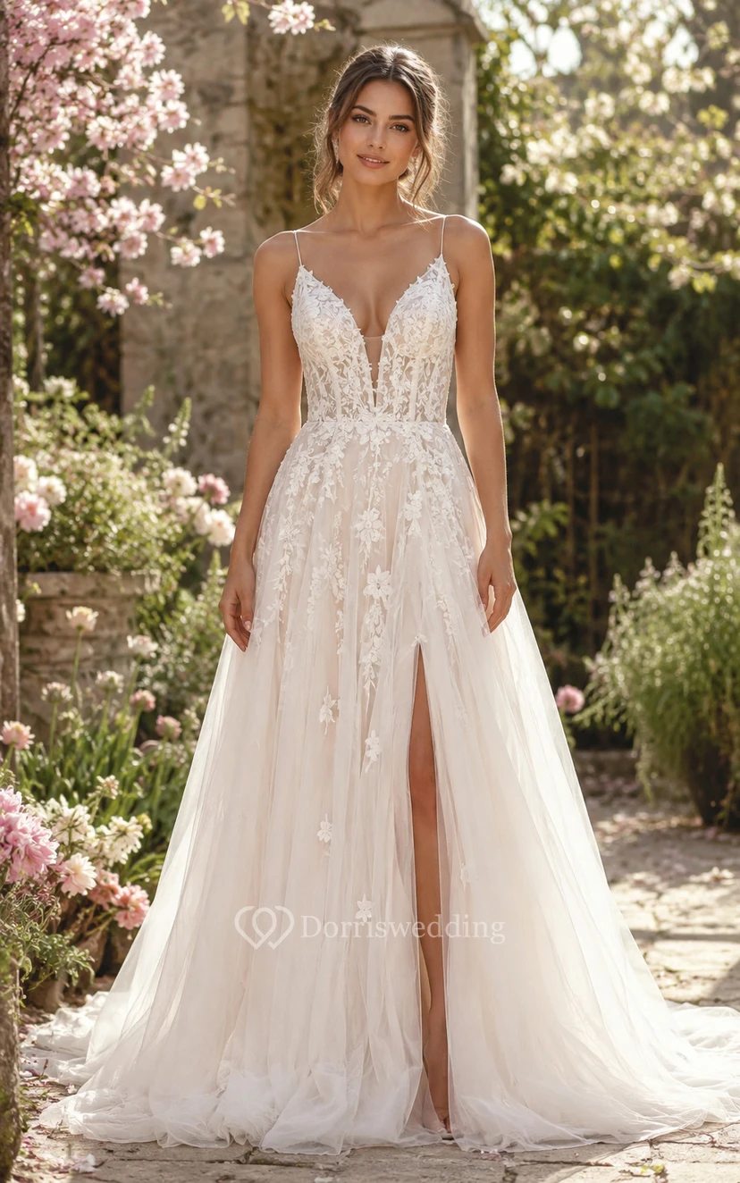 Sexy A-Linien-Brautkleid, ärmellos, V-Ausschnitt, Tüllspitzenapplikationen, Schlitz vorne, bodenlang, Kapellenschleppe, Elfenbein
