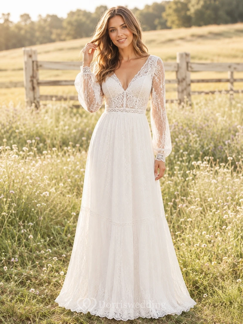 Vestido de compromiso largo hasta el suelo, estilo bohemio, con escote en V y encaje, manga larga y corte en A.