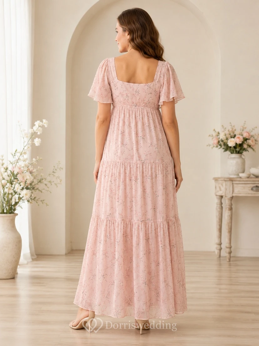 Pink Floral Chiffon Square Neck Puff Sleeve Empire Floor-length Maternity Guest Dress view 2