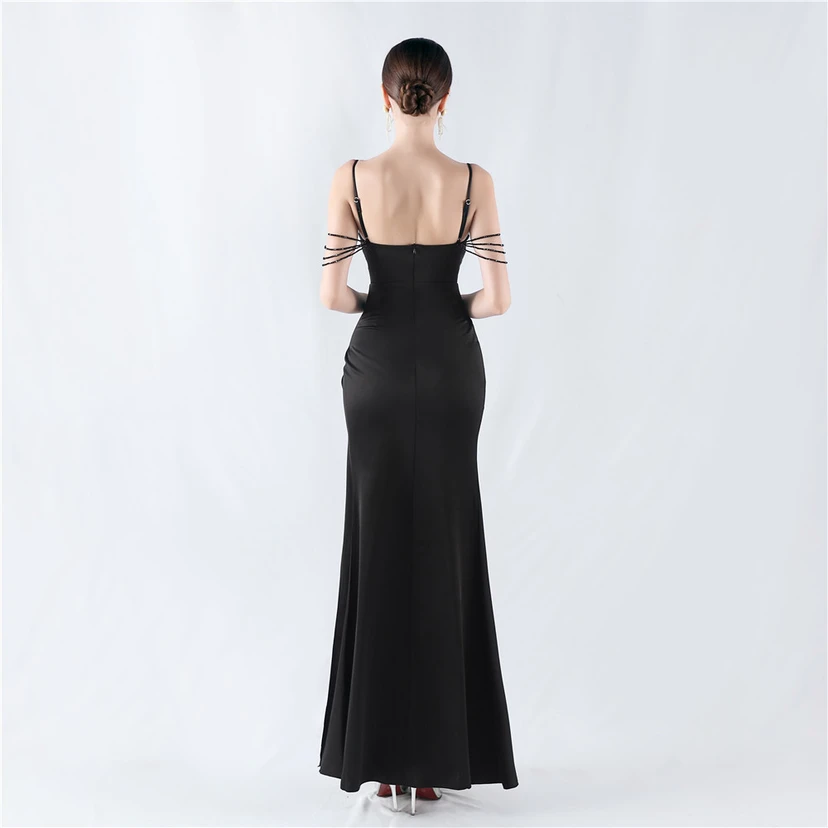 Hot Diamond Beaded High-Slit Satin Sexy Sling Evening Dress view 6