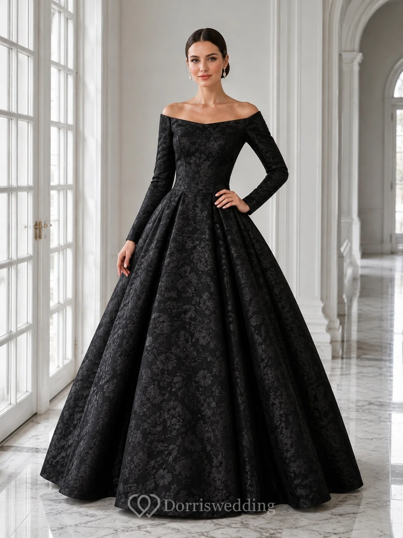 Black Off-Shoulder Long Sleeve Jacquard Ball Gown Floor-Length Vintage Formal Dress