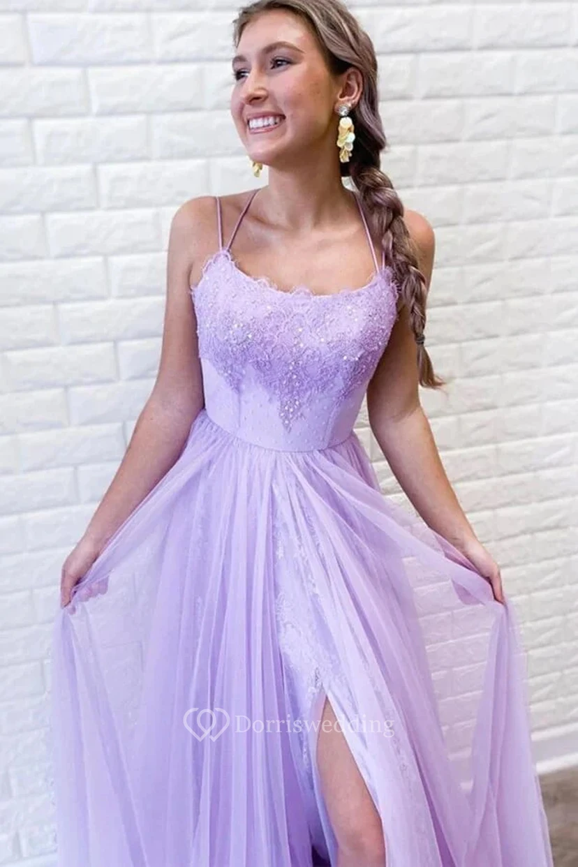 Spaghetti-Empire-Tüll-Plissee-Abendkleid in Flieder view 3