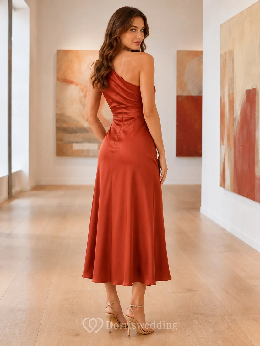 Art Gallery Papaya One-Shoulder Satin Sheath Tea-Length Draped Guest Dress view 2