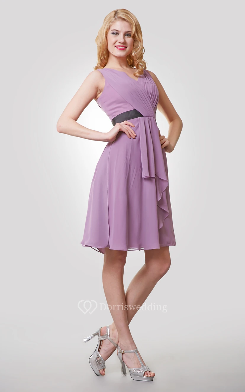 V-Neck Sleeveless Knee Length Chiffon Dress With Pleats and Draping view 3