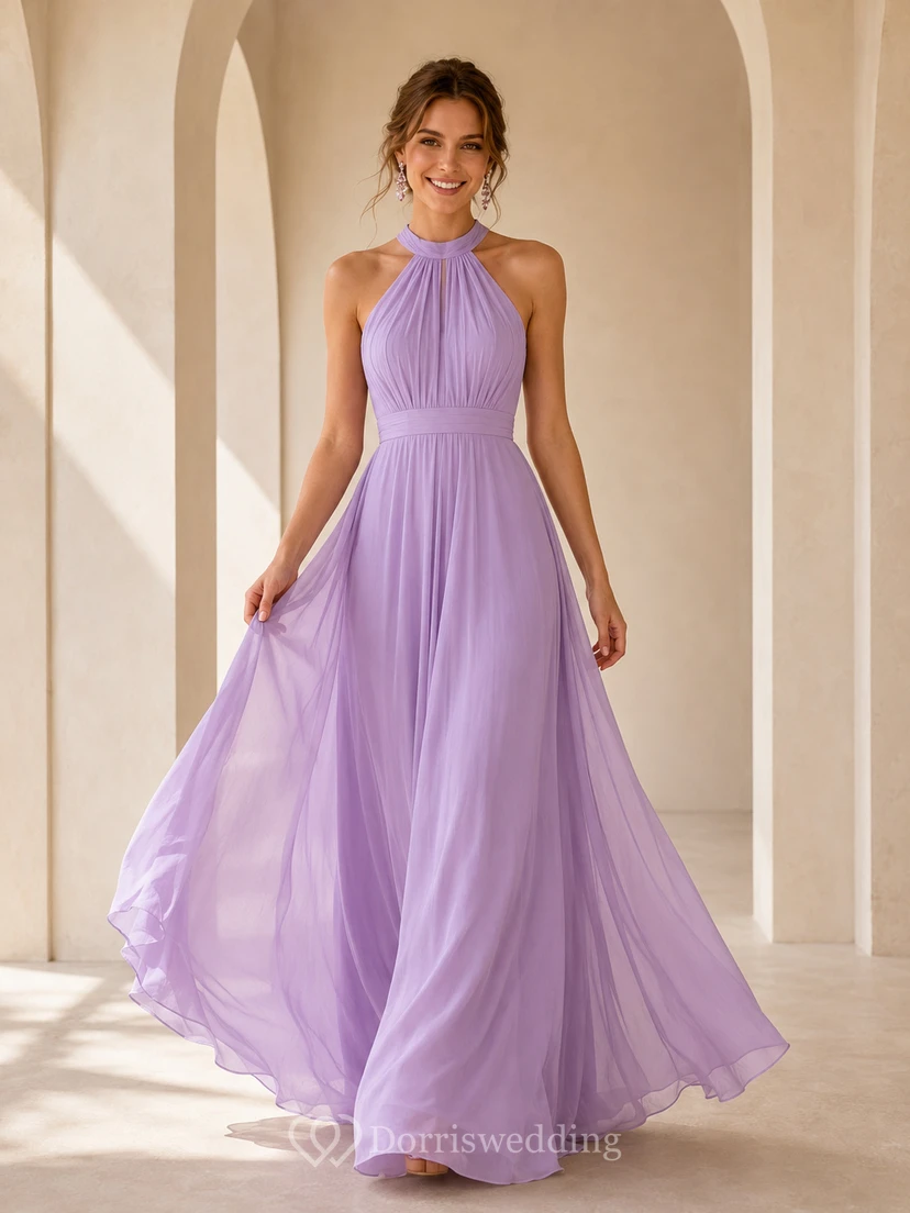 Lavendel High Neck Neckholder Rüschen Chiffon A-Linie Boden Vestido Puesta Largo