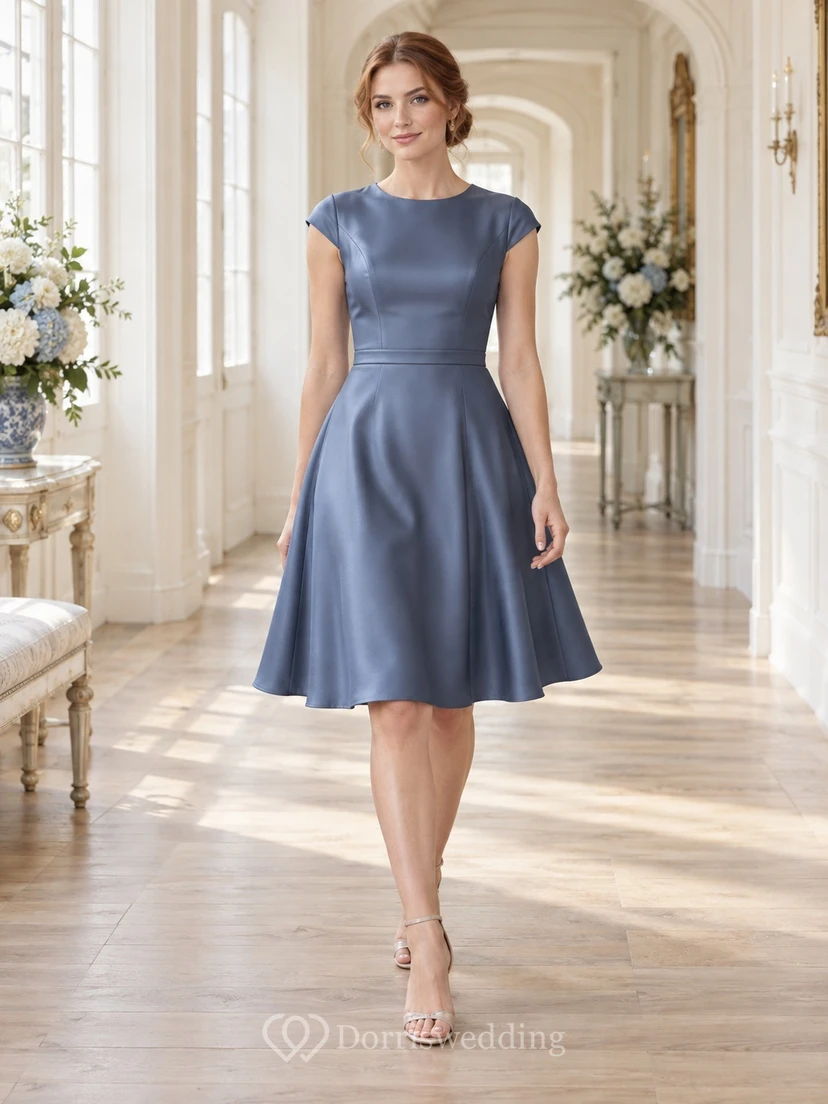 Vestido de dama de honor corto de satén azul acero con mangas cortas y corte en A, de estilo modesto.