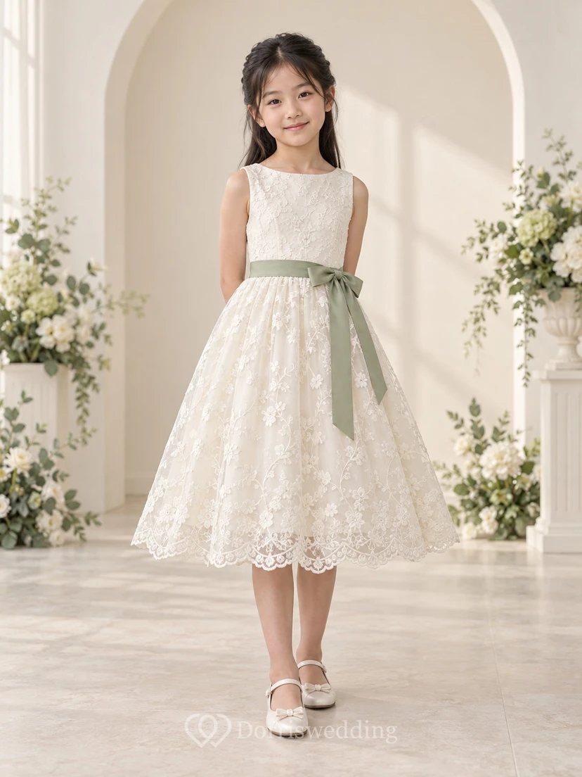 Tea-length Ivory A-line Lace Sleeveless Scalloped Green-sash Bow-back Flower Girl Dress