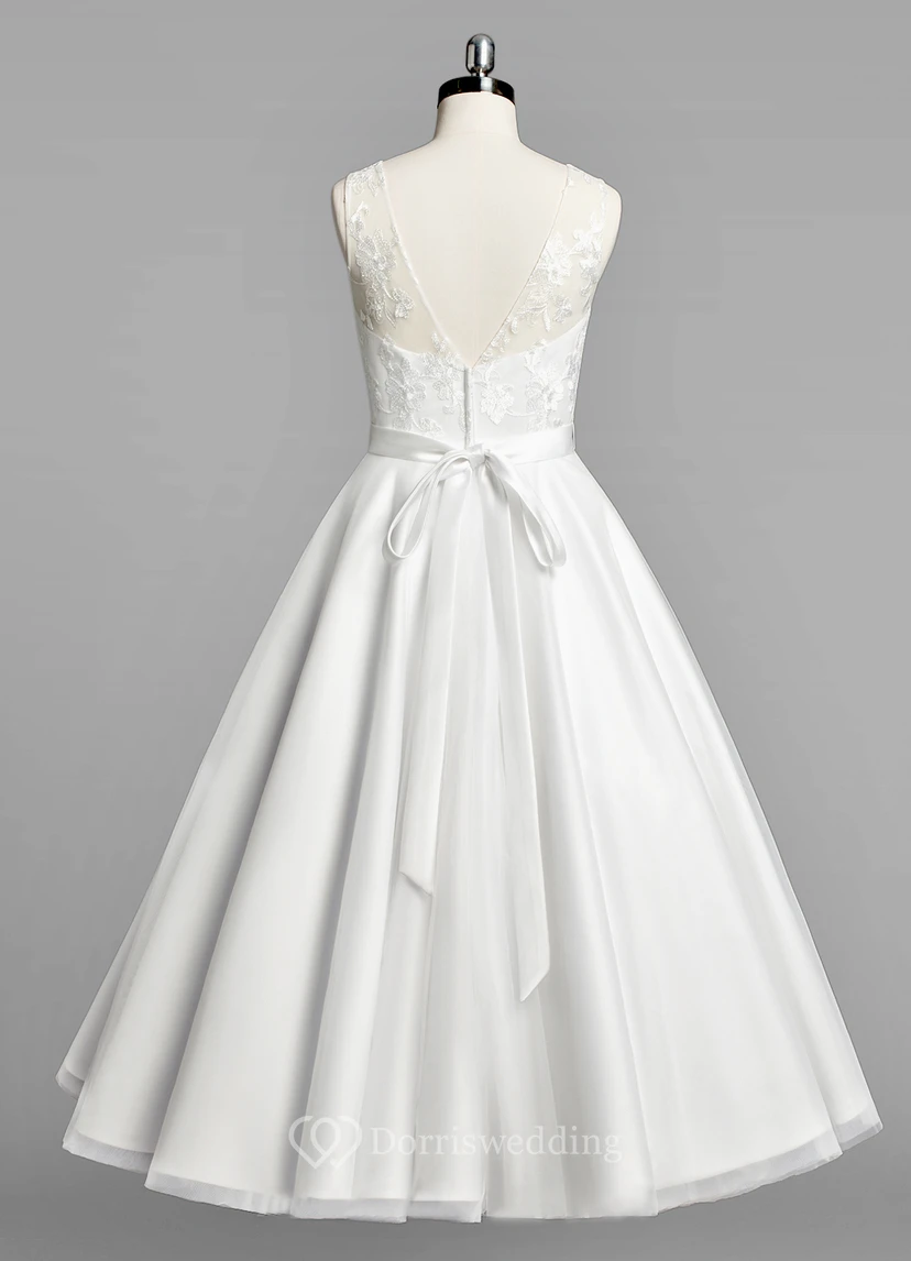 Scoop Neck Sleeveless A-Line Tulle Tea-Length Short Wedding Dress With Beaded Sash view 2