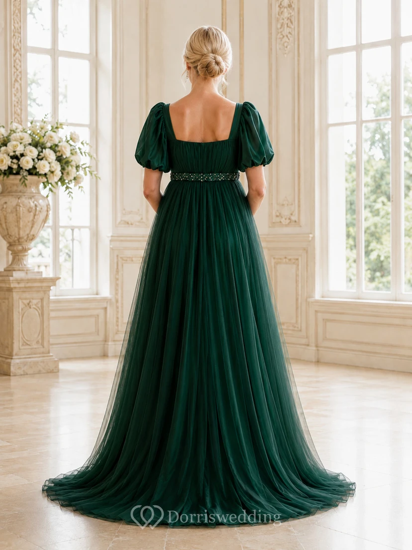 Dark Green Maternity Square Neck Puff Sleeve Empire A-Line Wedding Dress view 2