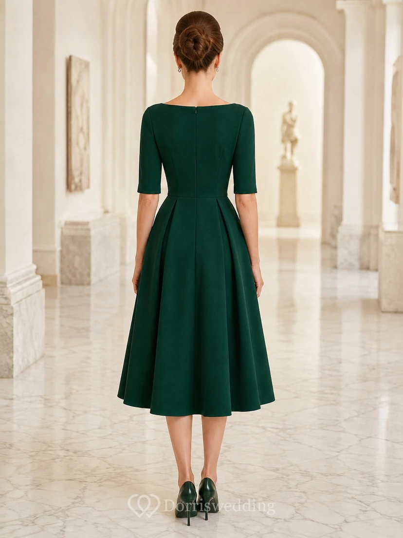 Vestido de cóctel de jersey de manga corta estilo barco vintage, corte en A, largo hasta la rodilla, color verde oscuro, modesto. view 2