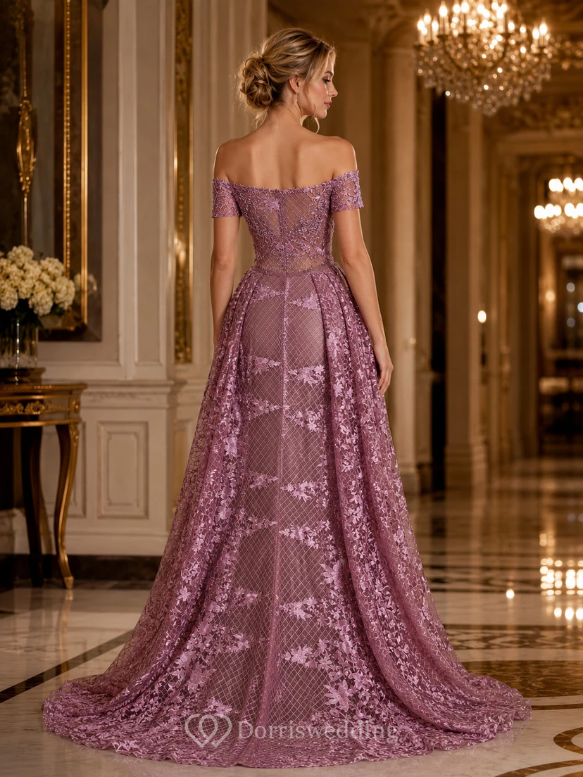 Robe de soirée élégante trapèze en dentelle, traîne brossée, sans manches, fermeture éclair et perles view 2