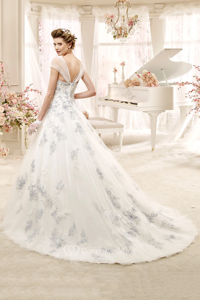 Romantic Sweetheart A-line Wedding Dress with Beaded Flowers and Brush Train view 2