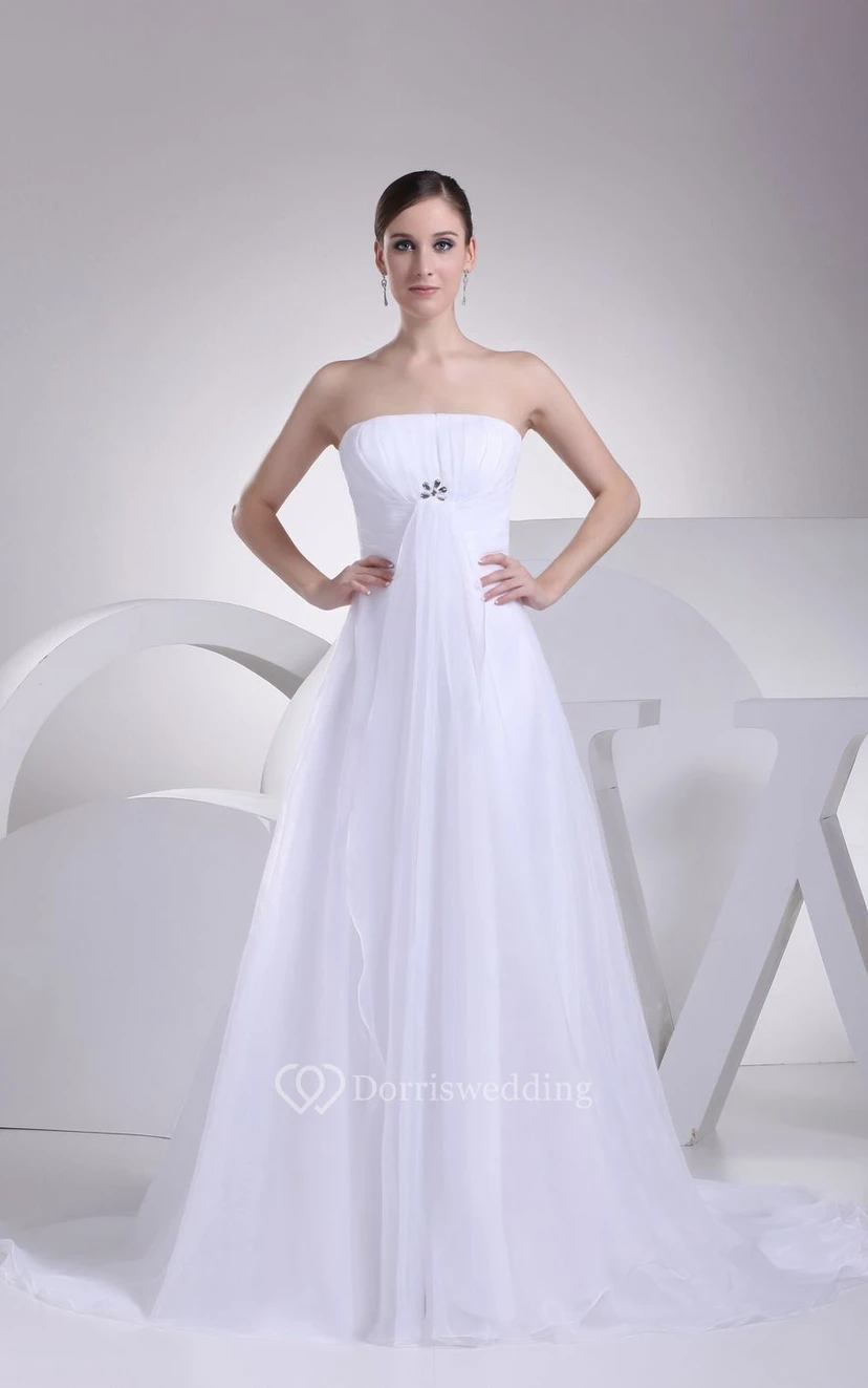 Vestido de hadas sin tirantes de corte A fruncido con superposición de pedrería y tul. view 4