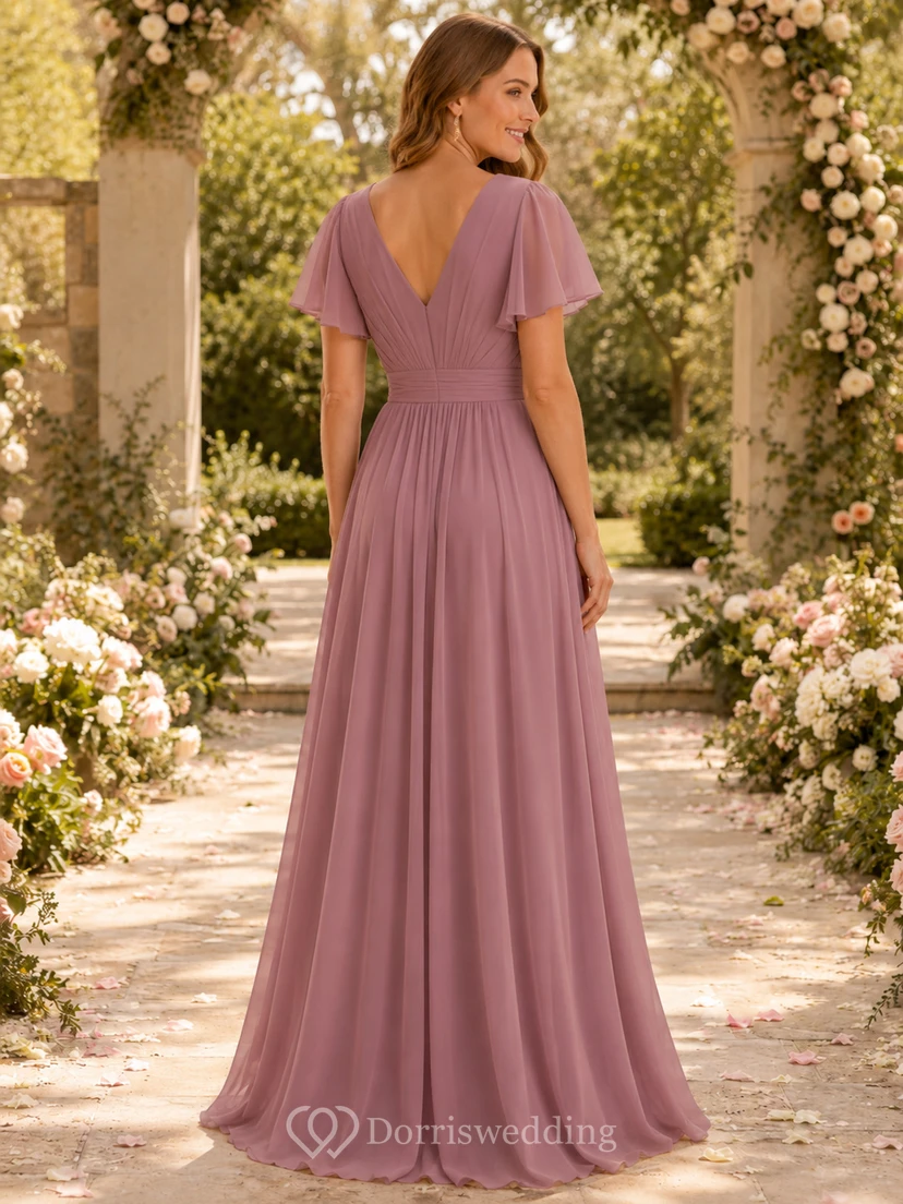 Mauve V-neck flutter sleeve chiffon floor length bridesmaid dress view 2