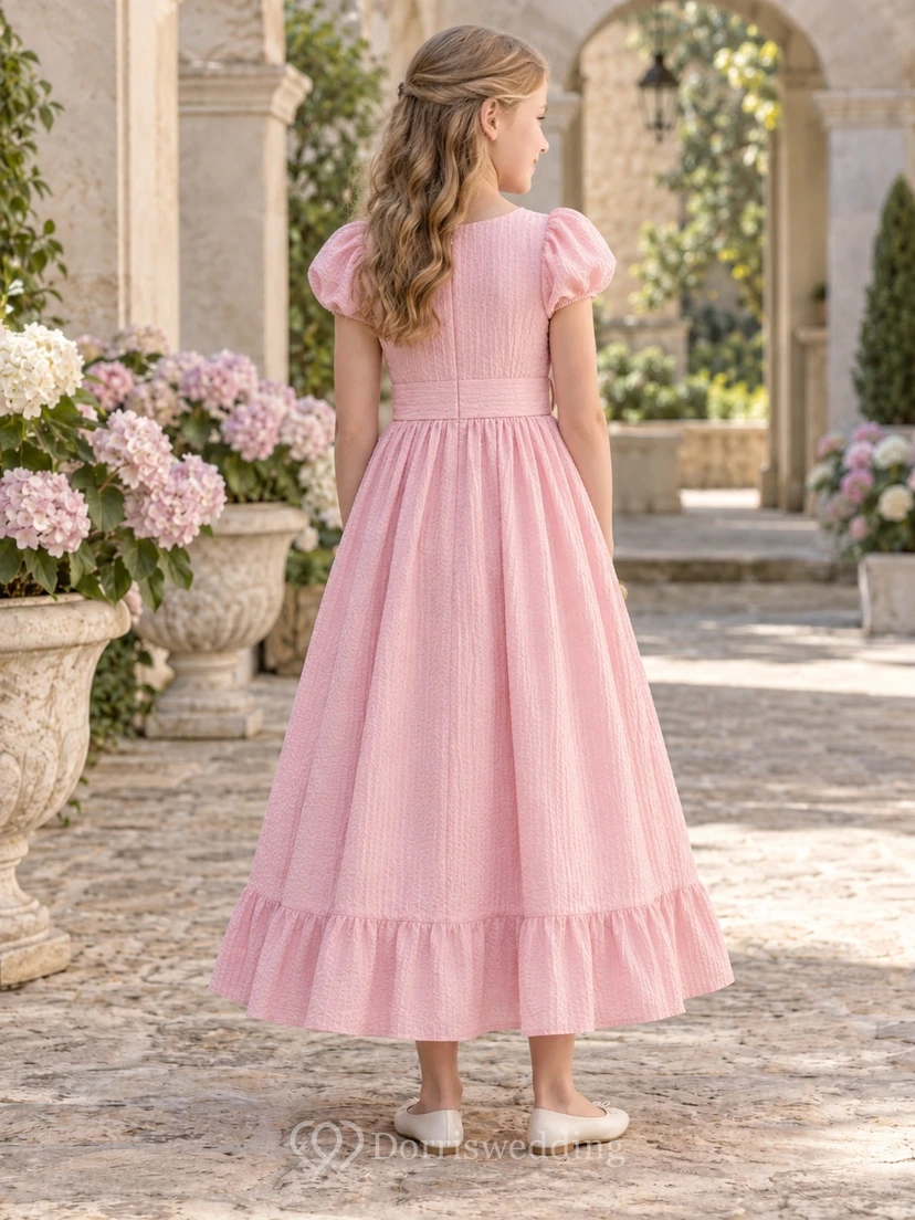 Pink Bateau Puff Sleeve Ruffle Hem Seersucker A-line Flower Girl Dress view 2