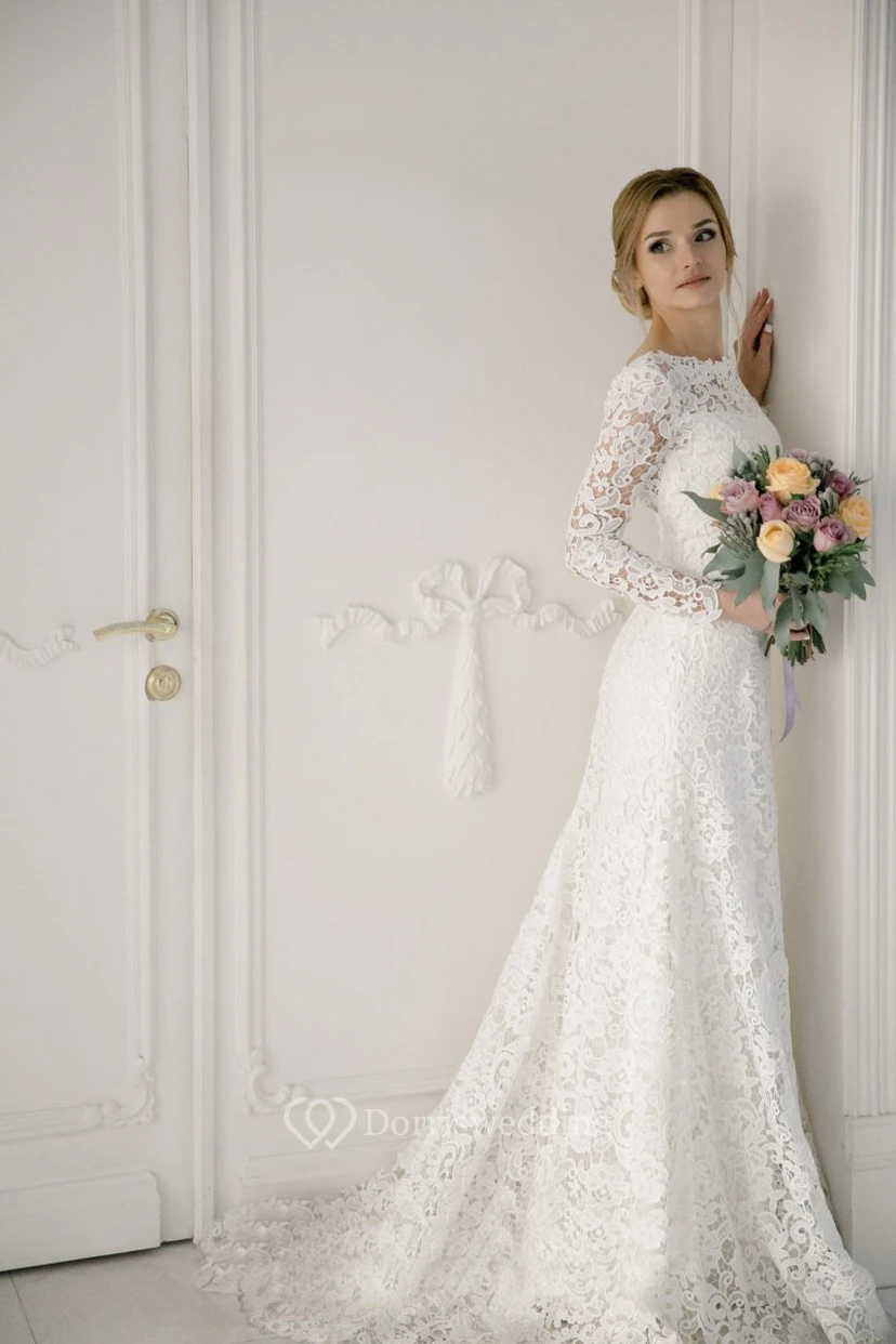 Elegantes, langärmeliges Brautkleid aus Spitze mit U-Boot-Ausschnitt und Meerjungfrauen-Finish sowie V-Ausschnitt am Rücken view 4