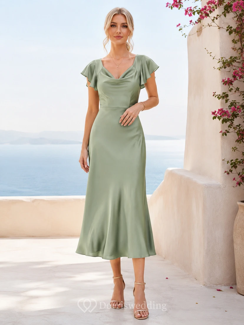 Meadow Slip Celadon Sheath Ankle-Length V-Neck Short-Sleeve Satin Elegant Guest Dress