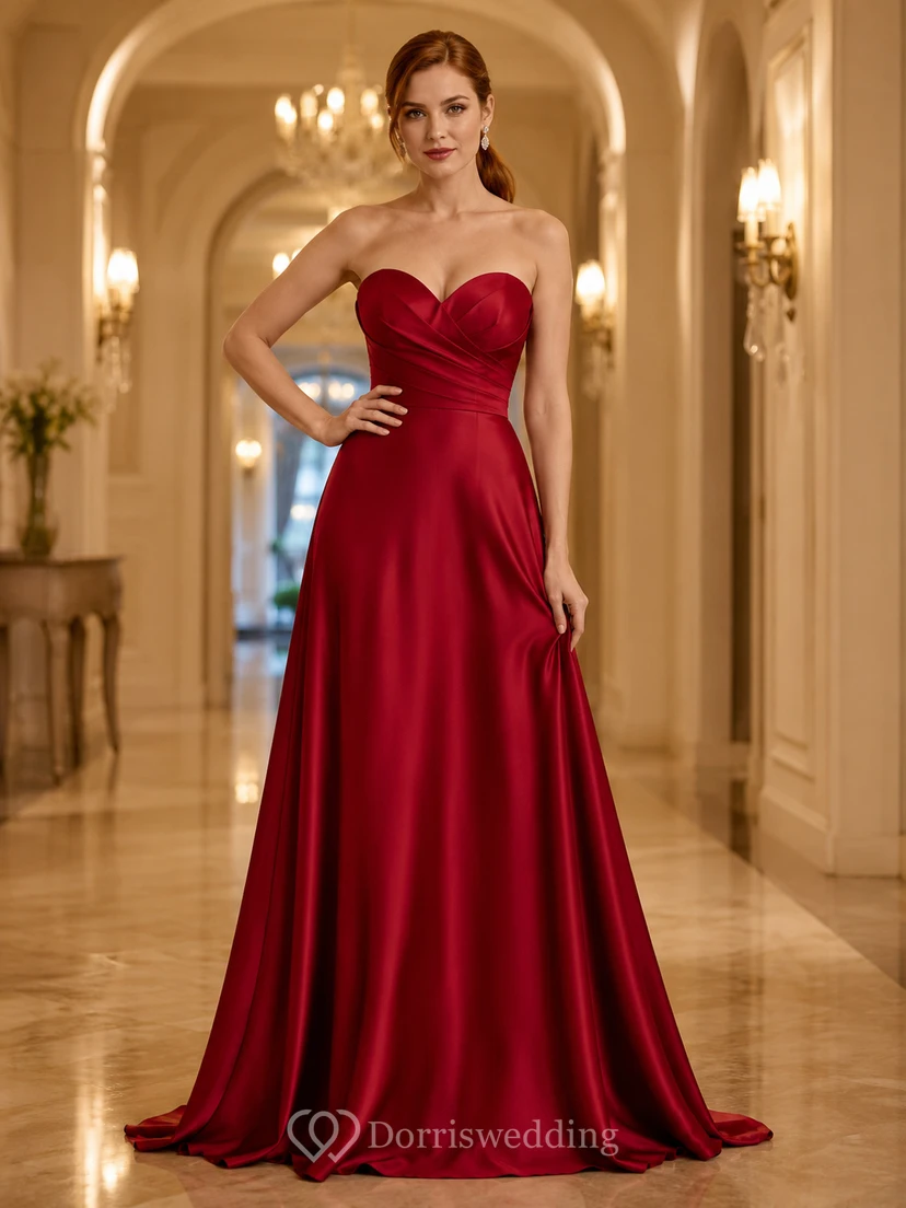 Burgunderrotes, trägerloses A-Linien-Abendkleid aus Satin