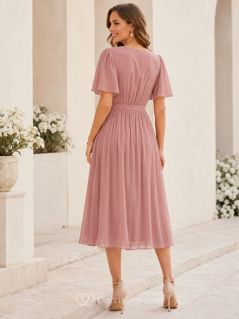 Vestido de invitada de corte A, largo midi, largo midi, con escote en V, mangas cortas, falda de gasa con pétalos plisados, fajín/cinta, color rosa empolvado. view 2