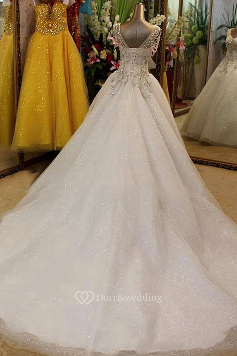 Beaded Short Sleeve Tulle Ball Gown With V Neck view 3