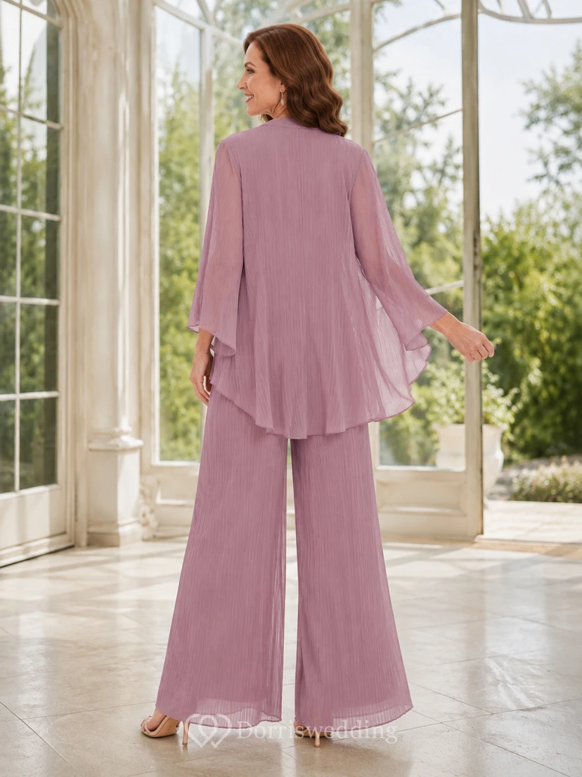 Mother Vintage Mauve Chiffon Pantsuit with V-Neck Pleated Overlay and Wide Leg Pants view 2