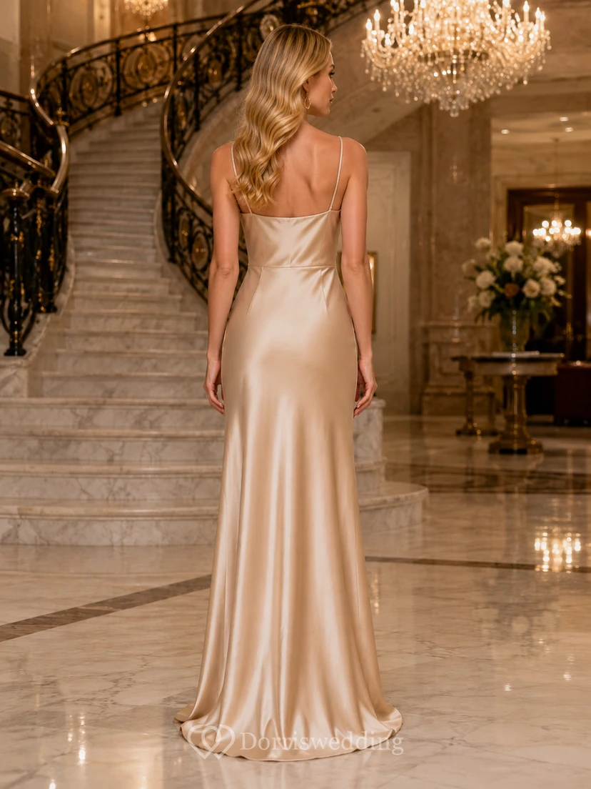 Robe de soirée champagne à col bénitier, bretelles spaghetti et fente en satin view 2