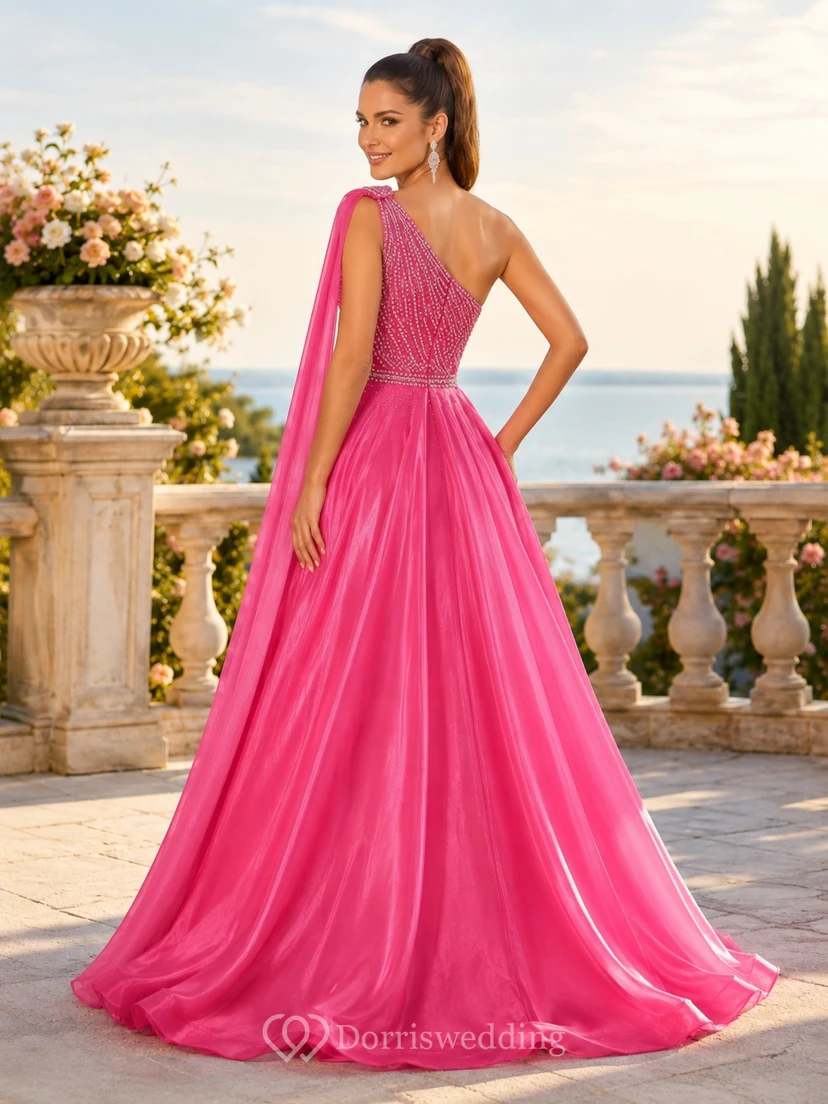 Hot Pink One-Shoulder Beaded Satin A-Line Floor-Length Draped Pageant Gown view 2