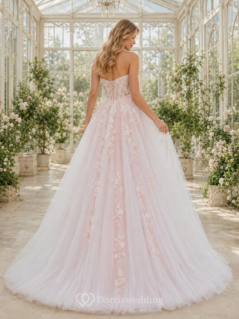 Rosafarbenes, trägerloses Brautkleid mit Herzausschnitt, A-Linie, Schleppe und Blumenmuster view 2