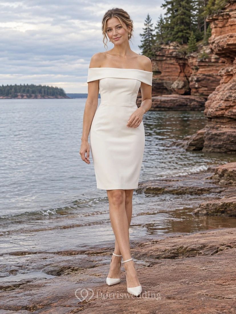 Simple Knee Length Off Shoulder Sheath Short Sleeve Smooth Crepe Wedding Dress