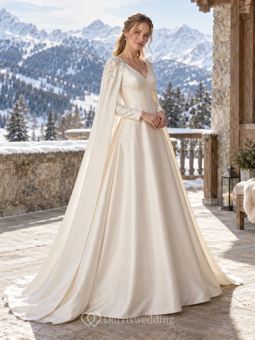 Langärmeliges, V-Ausschnitt-Satin-A-Linien-Winterhochzeits-Cape-Kleid