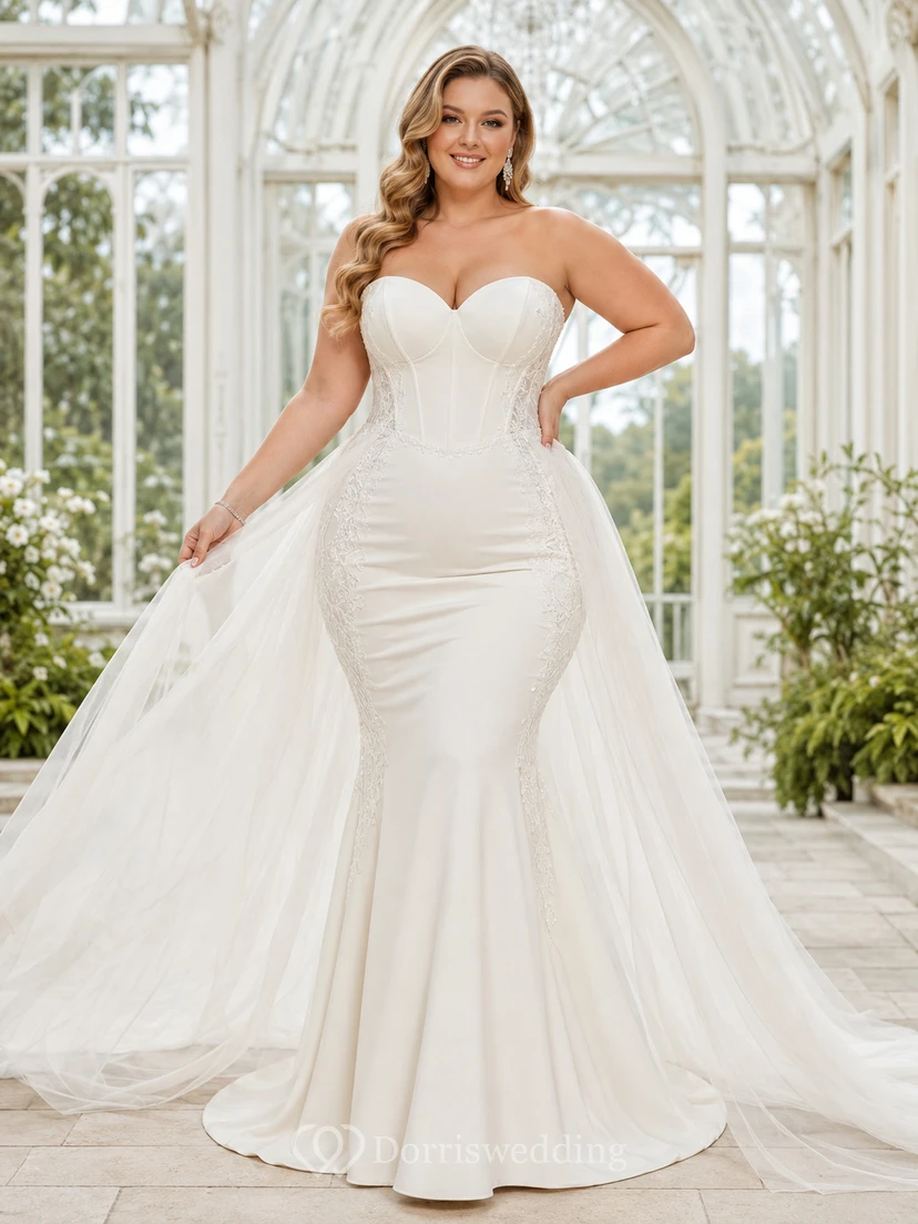 Plus Size Modern Strapless Sweetheart Satin Mermaid Court Train Wedding Dress