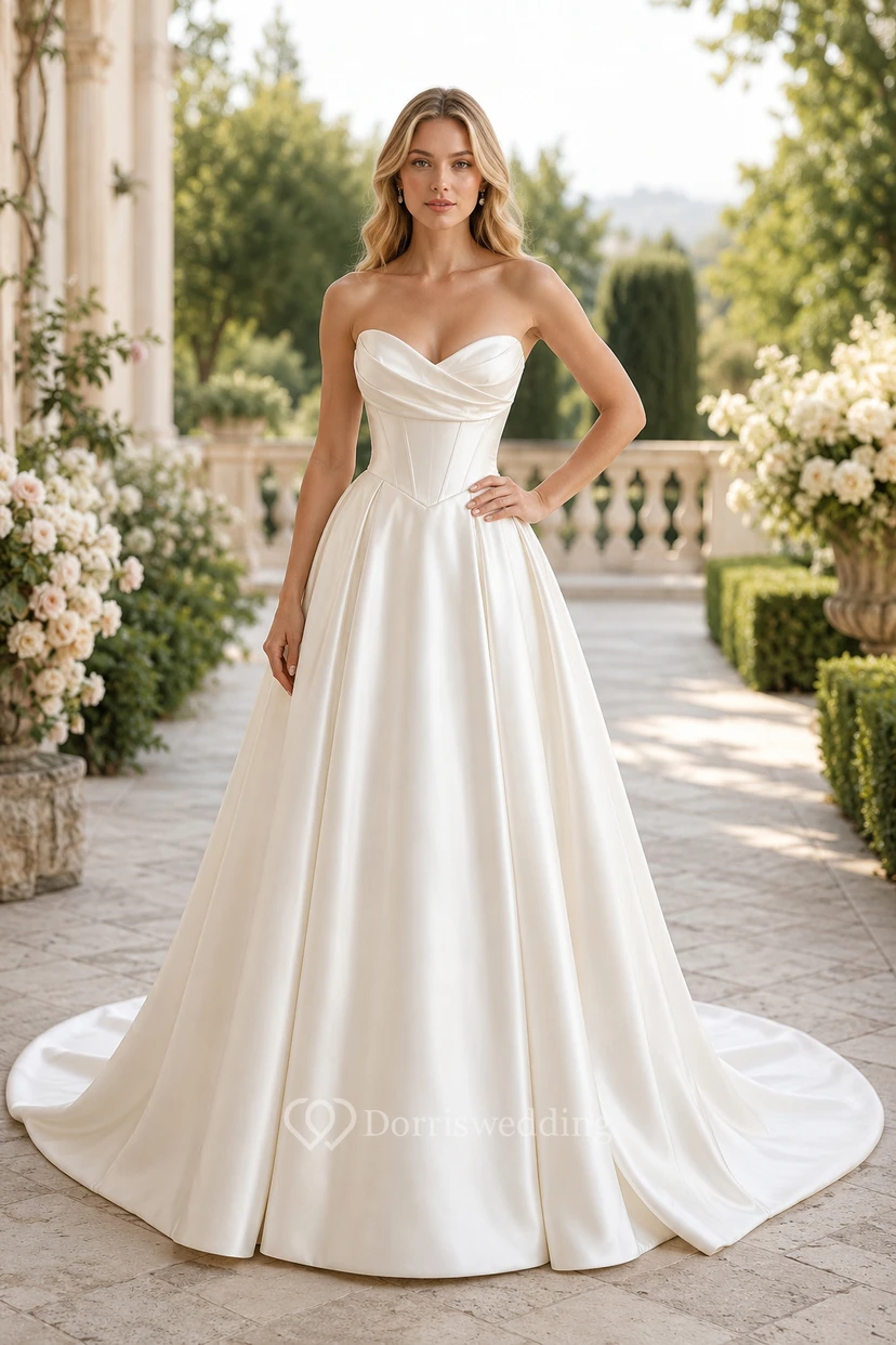 Brautkleid aus Satin, Ballkleid, trägerlos, Herzausschnitt, Schleppe