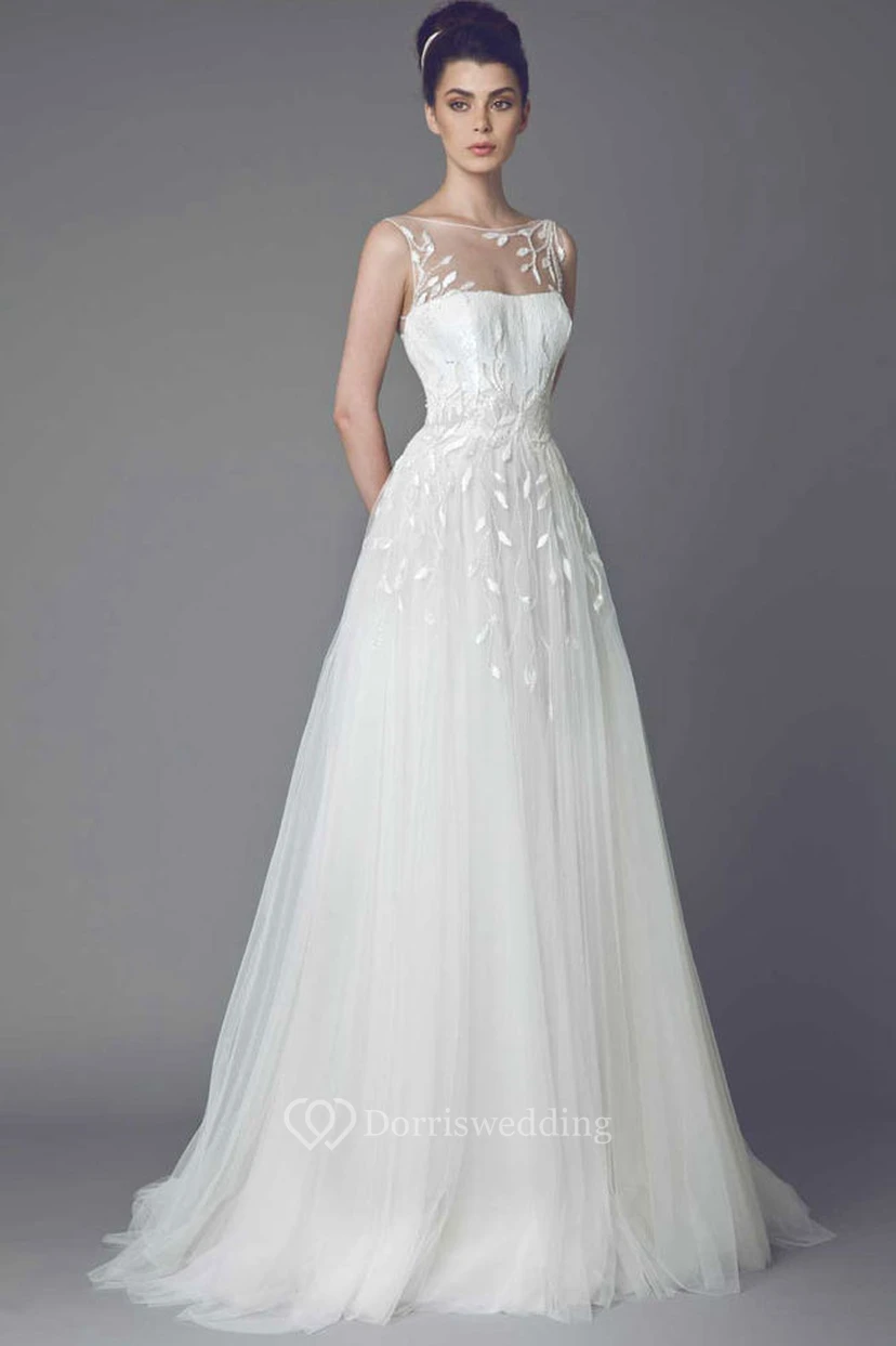 Bateau Maxi Appliqued Tulle Wedding Dress With Sweep Train And V Back
