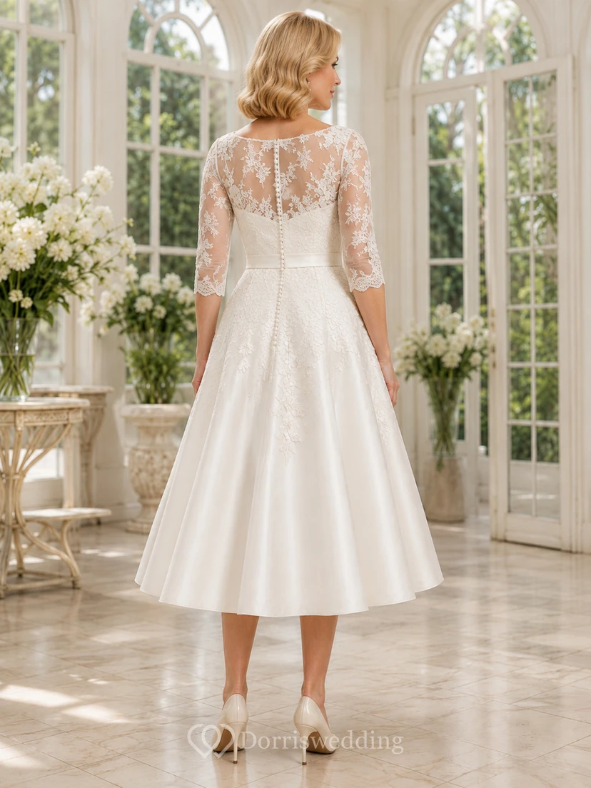 Vestido de novia vintage de satén con escote barco, manga tres cuartos y encaje, ideal para novias mayores. view 2