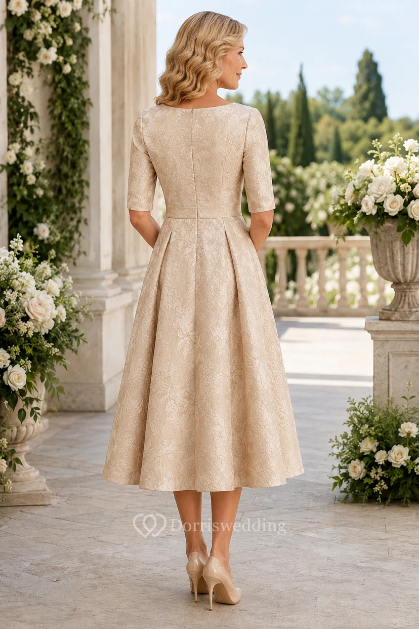 Robe de mère en dentelle couleur champagne, longueur thé, coupe trapèze view 2