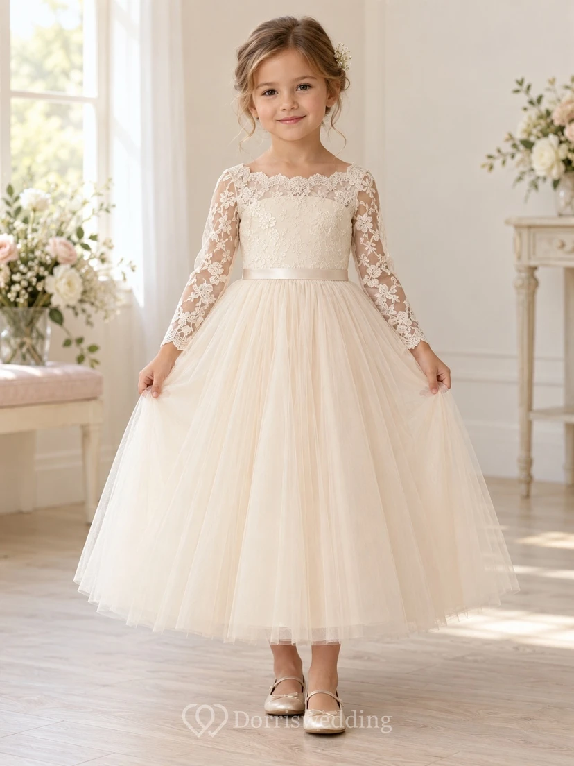 Long Sleeve Champagne Scalloped Floral Lace A-Line Tea-length Tulle Satin Bow Flowergirl Dress