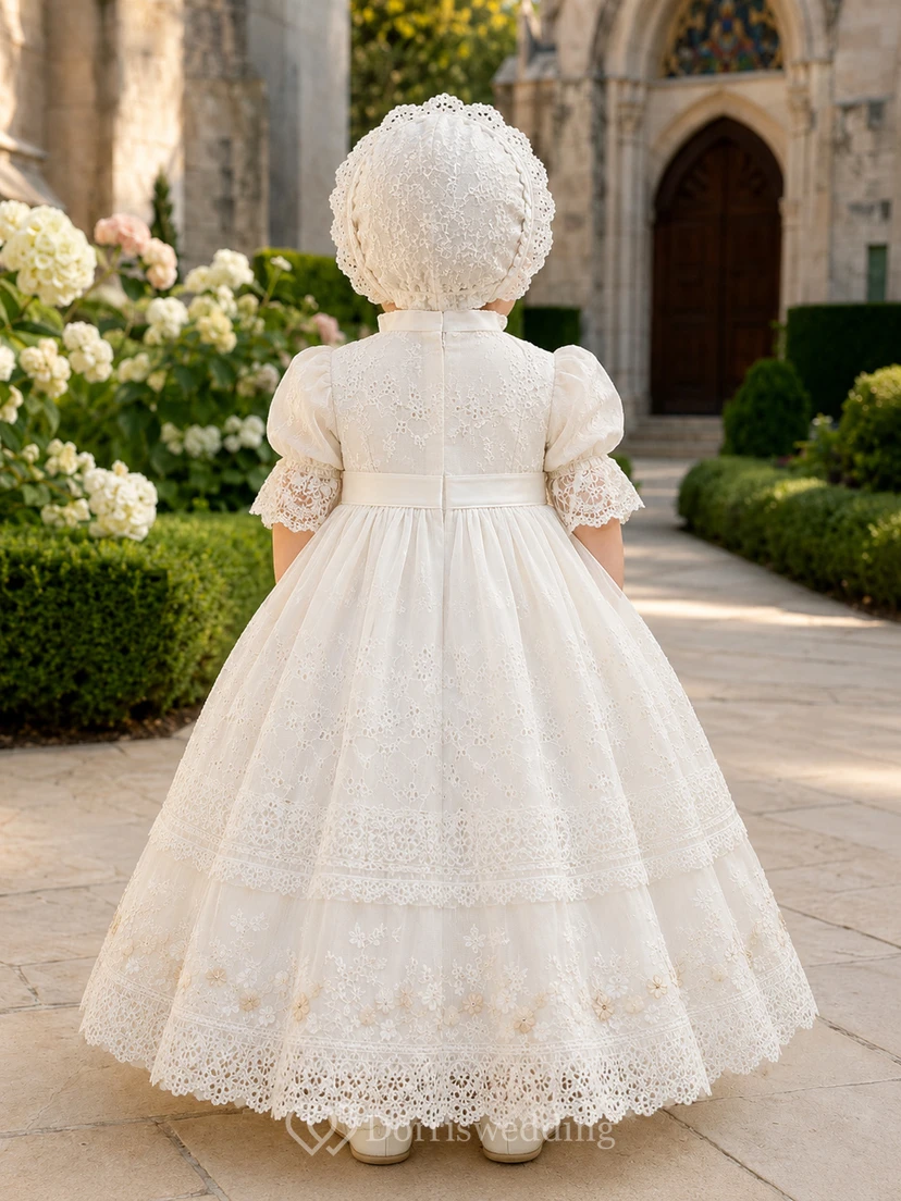 Vintage Baby Baptism Christening Ceremony Dress A-Line Tea-Length High Neck Puff Sleeve Tulle Lace Ruffle Trim Button Back view 2