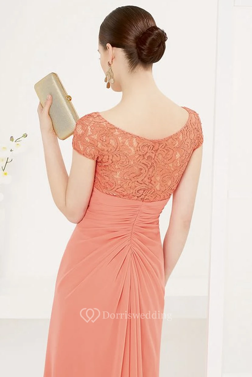 Asymmetric Neck Lace Cap-sleeve Chiffon Long Dress With Side Drape And Flower view 2