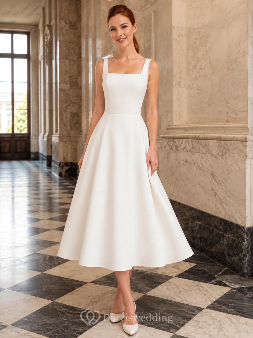 Vestido de novia midi sencillo de corte A con escote cuadrado, estilo juzgado