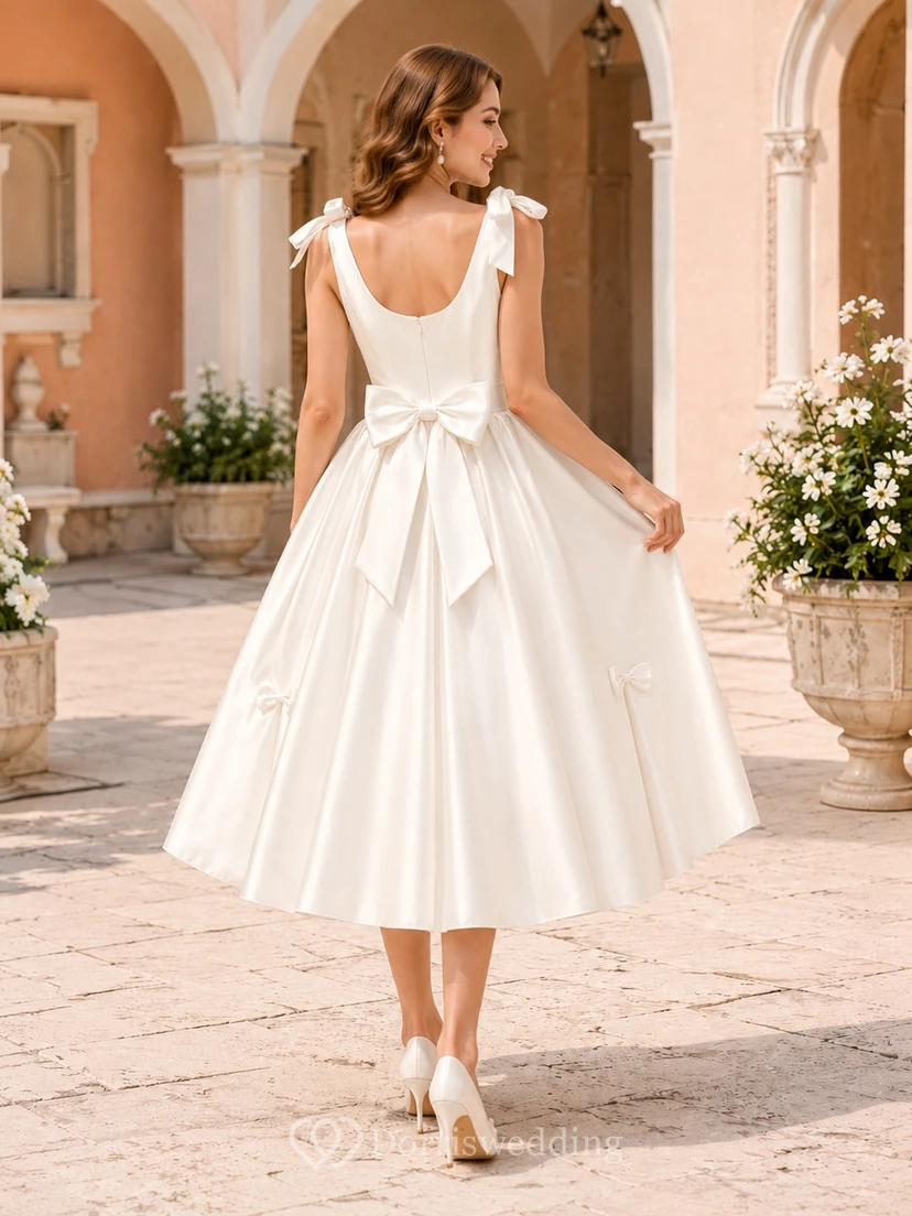 Vestido de novia romántico blanco de satén con lazo, manga corta, escote cuadrado y largo hasta la rodilla. view 2