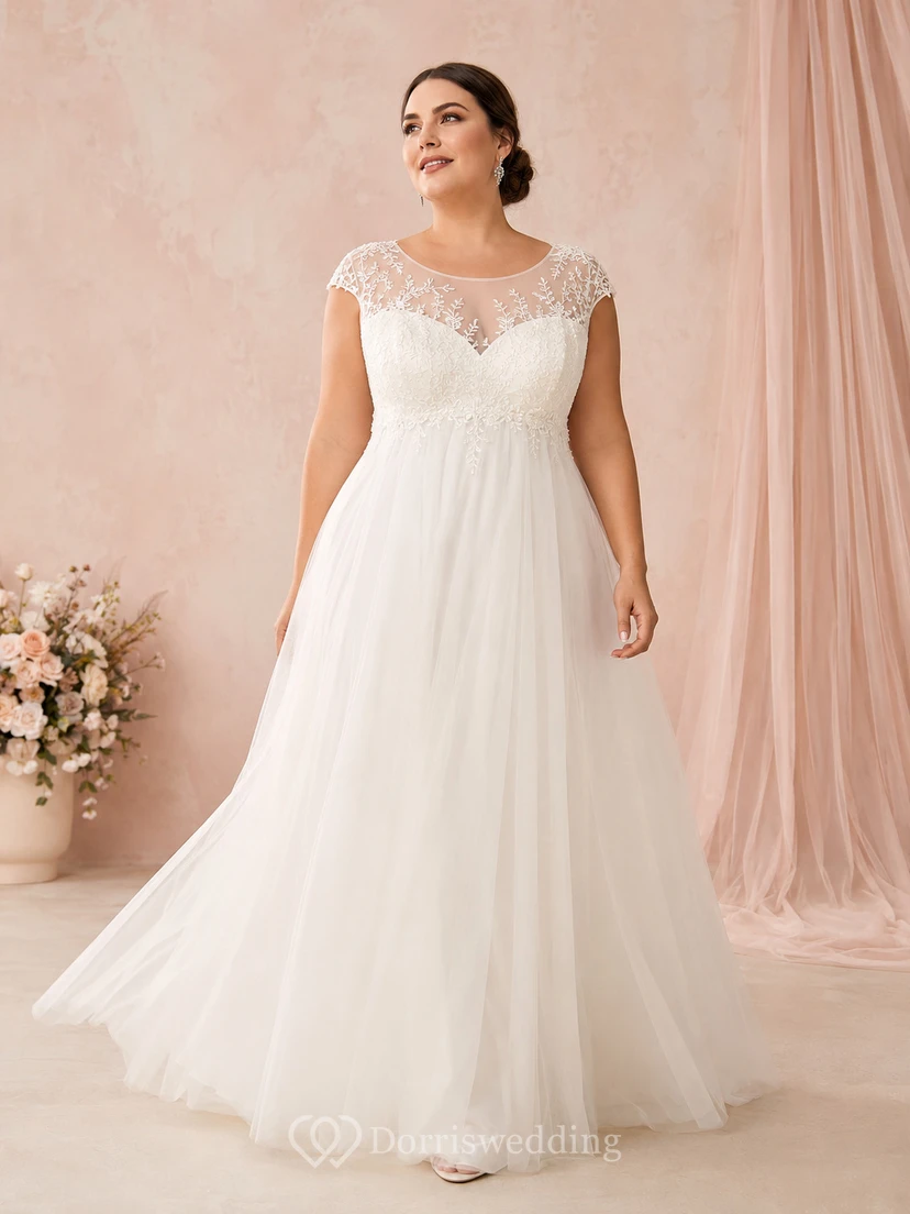 Plus Size Illusion Lace Empire Waist Studio Bridal Gown