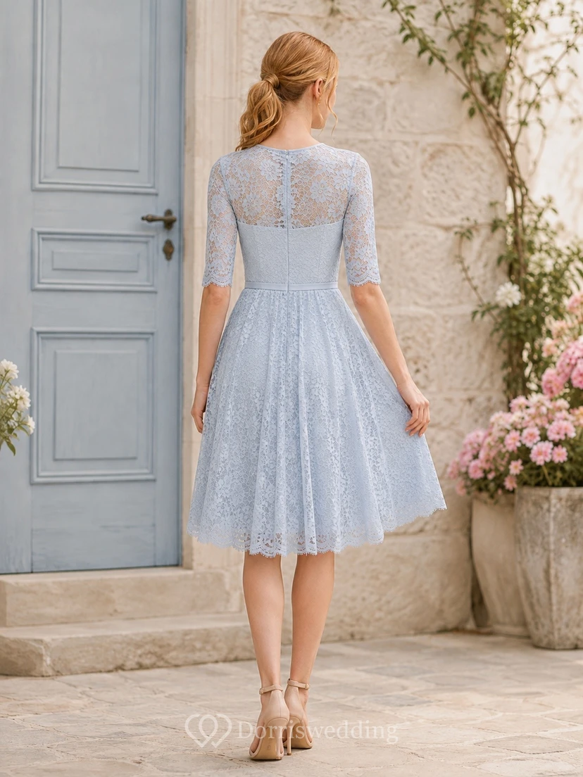 Sky Blue Lace Three Quarter Sleeve Pleated Tea-Length A-Line Dress view 2