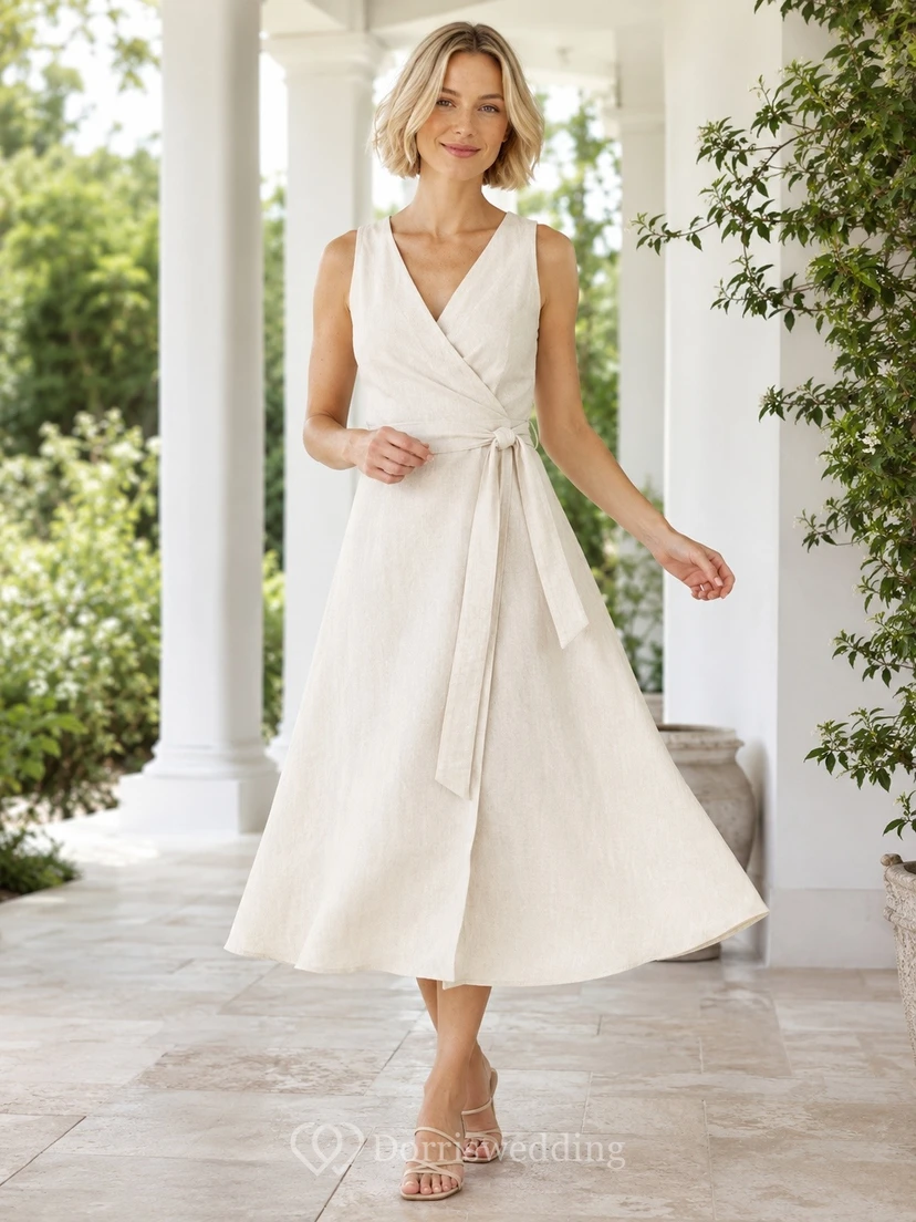 Ivory Chiffon Wrap Sleeveless A-line Tea-length Guest Dress