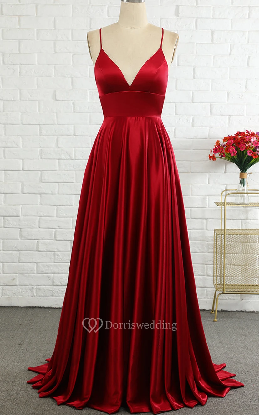 Vestido de noche sexy de corte A, de satén cepillado, con cola, sin mangas y espalda descubierta con pliegues.